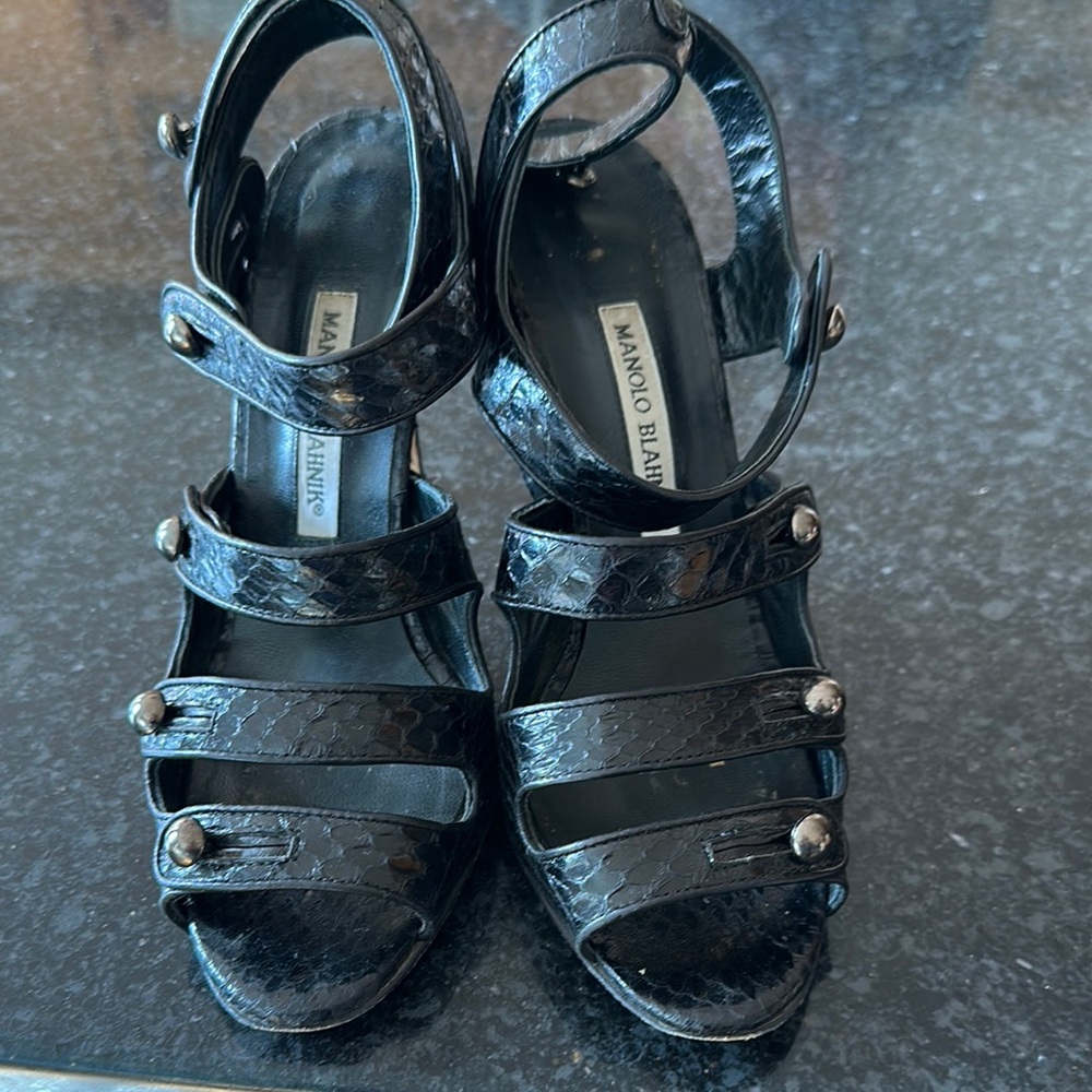 Manolo Blahnik Black Stiletto Heels with Strappy Design